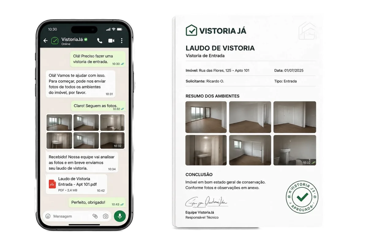 Conversa no WhatsApp enviando as fotos do imóvel e o laudo de vistoria de entrada aprovado, gerado pela VistoriaJá
